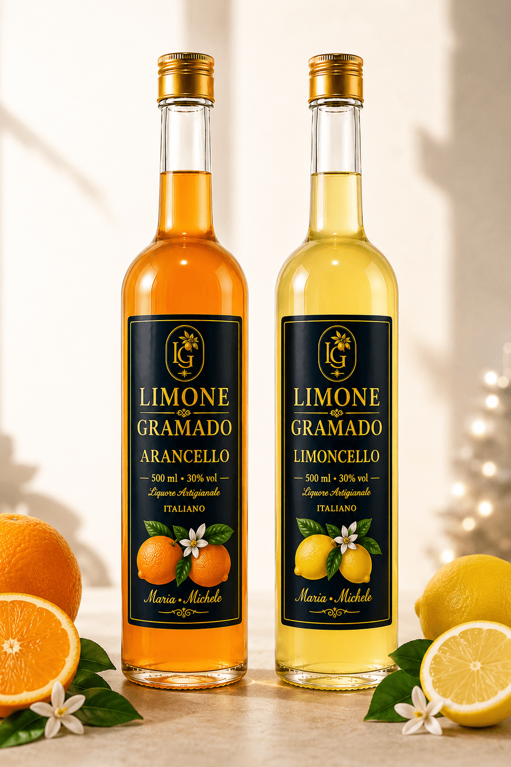Garrafas de Arancello e Limoncello LIMONE GRAMADO com laranjas e limões frescos